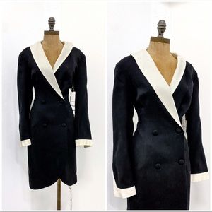Vintage 80s Black & White Tuxedo Suit Dress. Modern Size M/L. 100% Wool Silk.